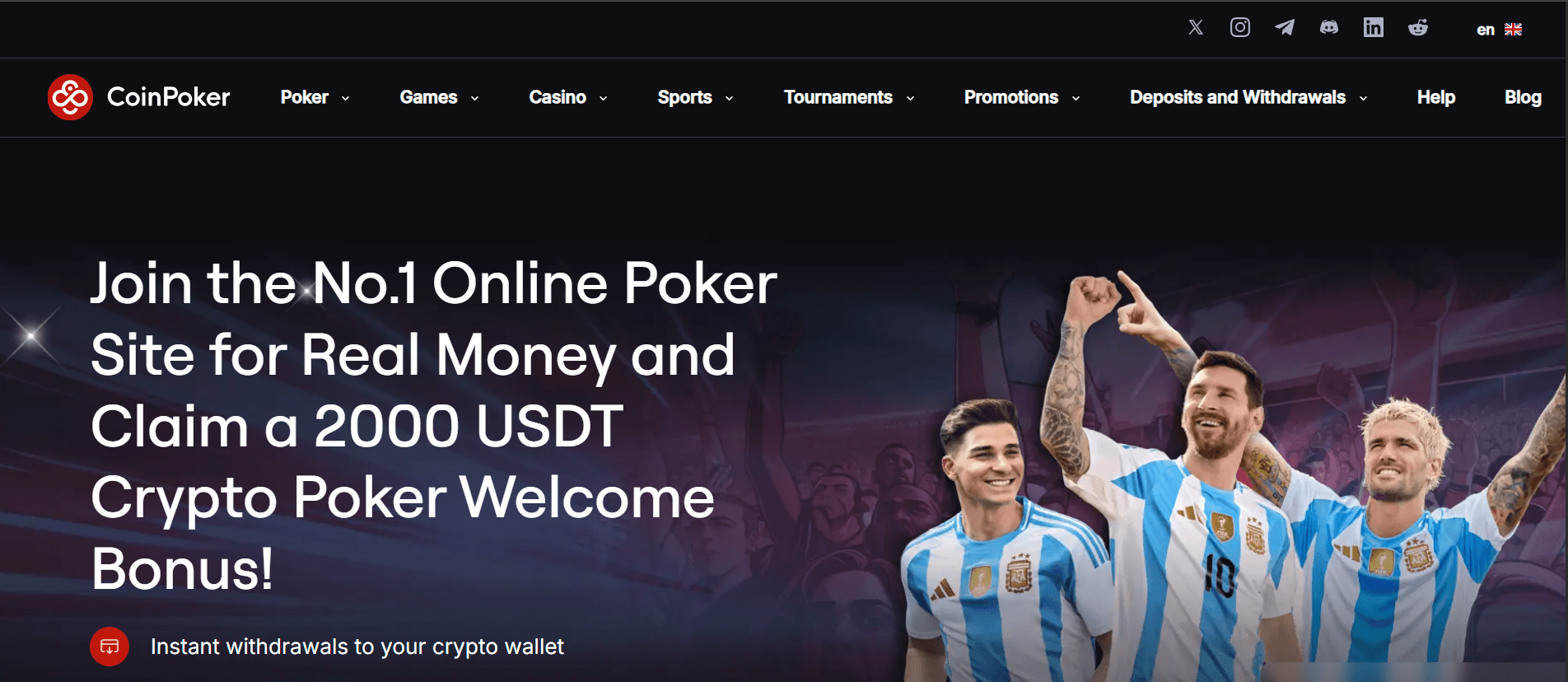 Homepage of CoinPoker platform highlighting fast withdrawals and low-stake real-money play